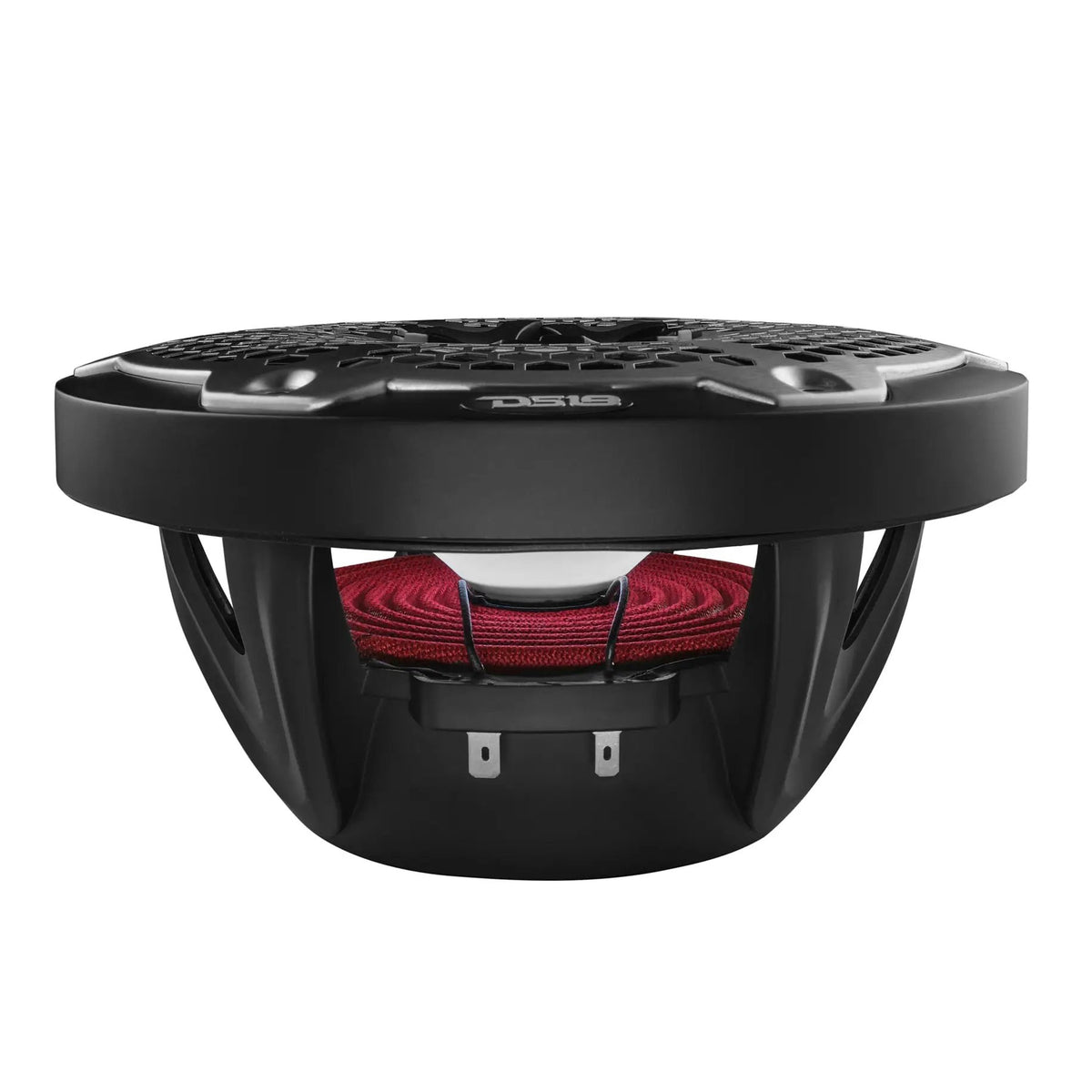 Black speaker with a grille, red suspension and terminals, side view