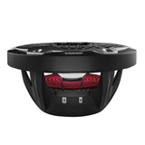 Black speaker with a grille, red suspension and terminals, side view