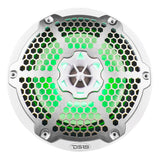 White DS18 speaker with a silver honeycomb grille and green illumination, front view