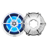 White DS18 speaker with blue lighting shown beside its detached silver honeycomb grille.