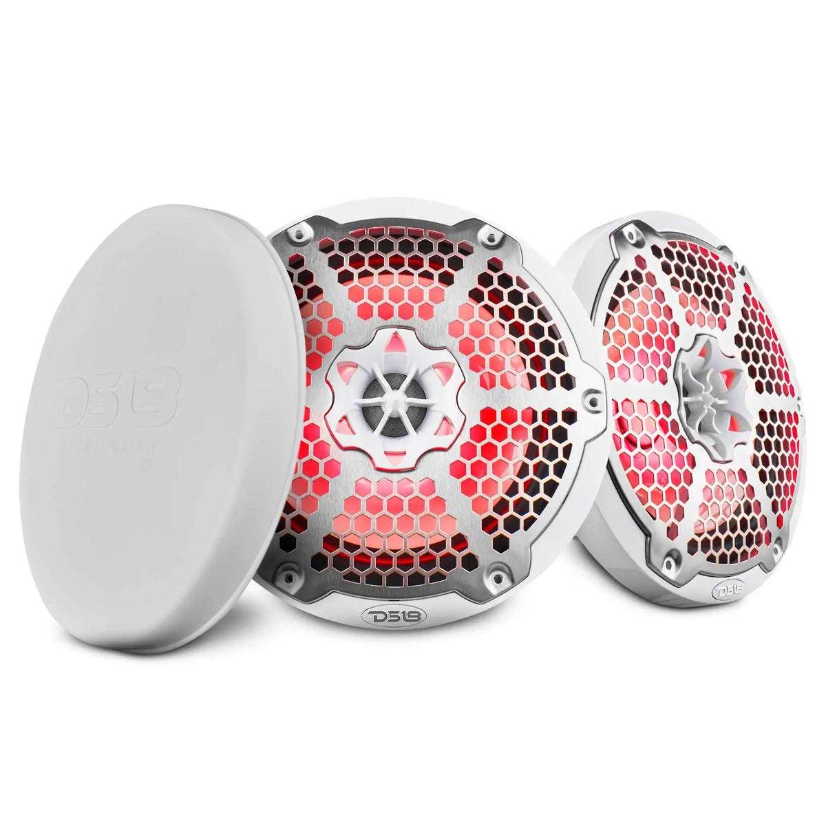 Two white DS18 speakers with silver honeycomb grilles, red illumination and a white cover