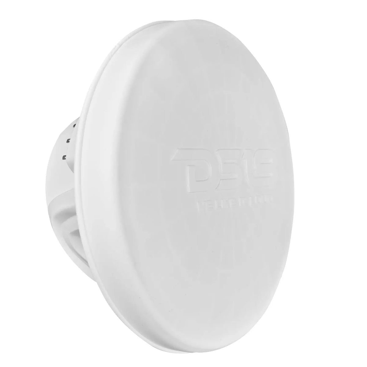 Angled view of a white speaker fitted with a smooth white DS18 protective front cover.