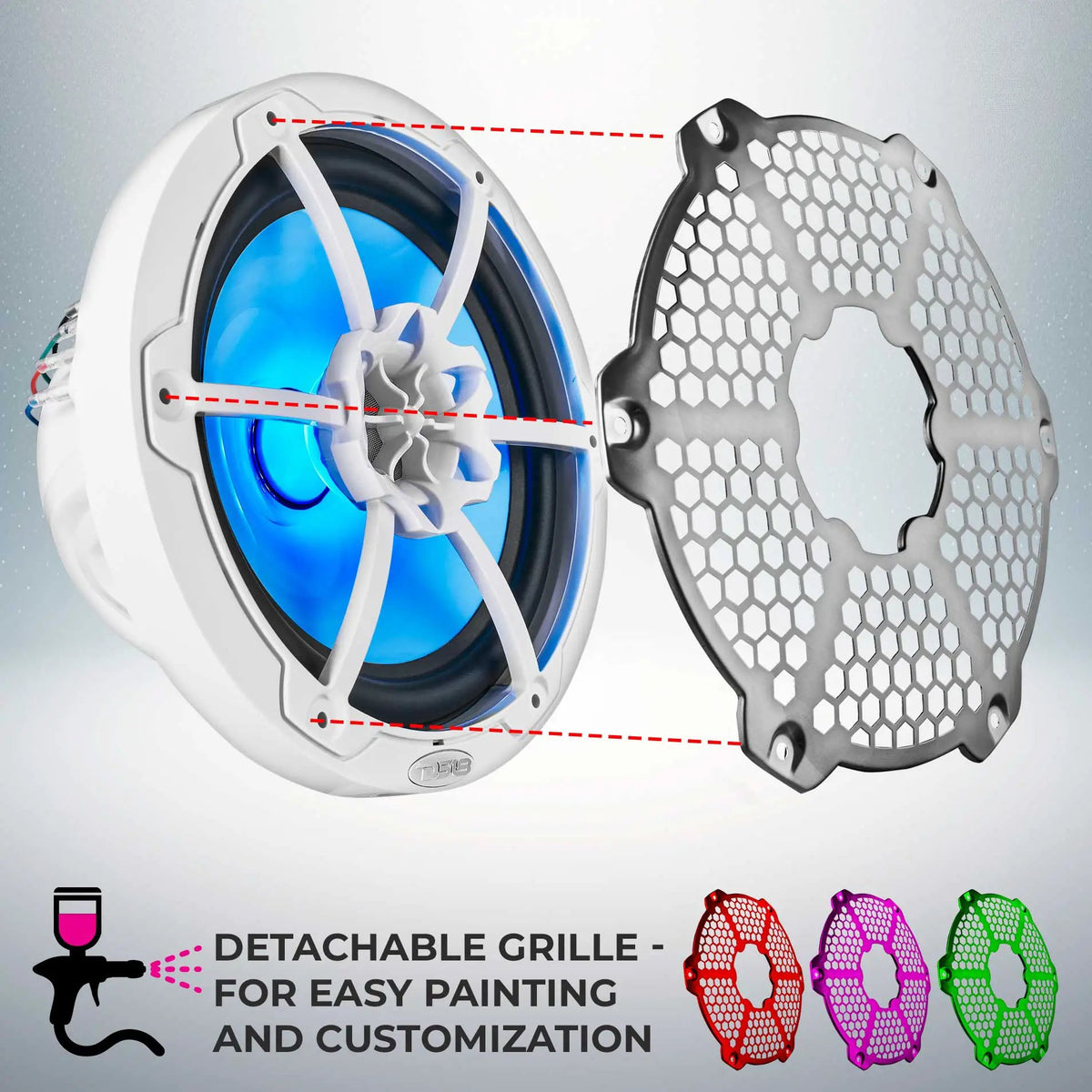 White DS18 speaker diagram showing the detachable honeycomb grille removed for painting and customization