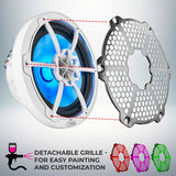White DS18 speaker diagram showing the detachable honeycomb grille removed for painting and customization