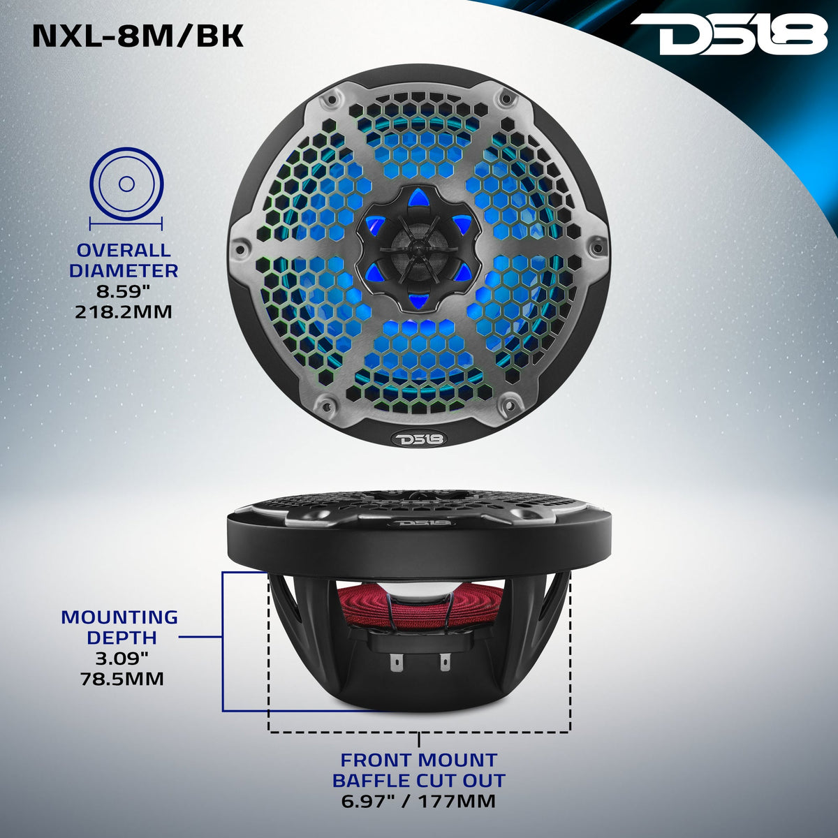 DS18 NXL-8M/BK mounting diagram showing 218.2 mm overall diameter, 177 mm cutout and 78.5 mm mounting depth