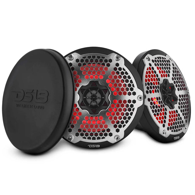 Two black DS18 speakers with silver honeycomb grilles, red illumination and a black protective cover