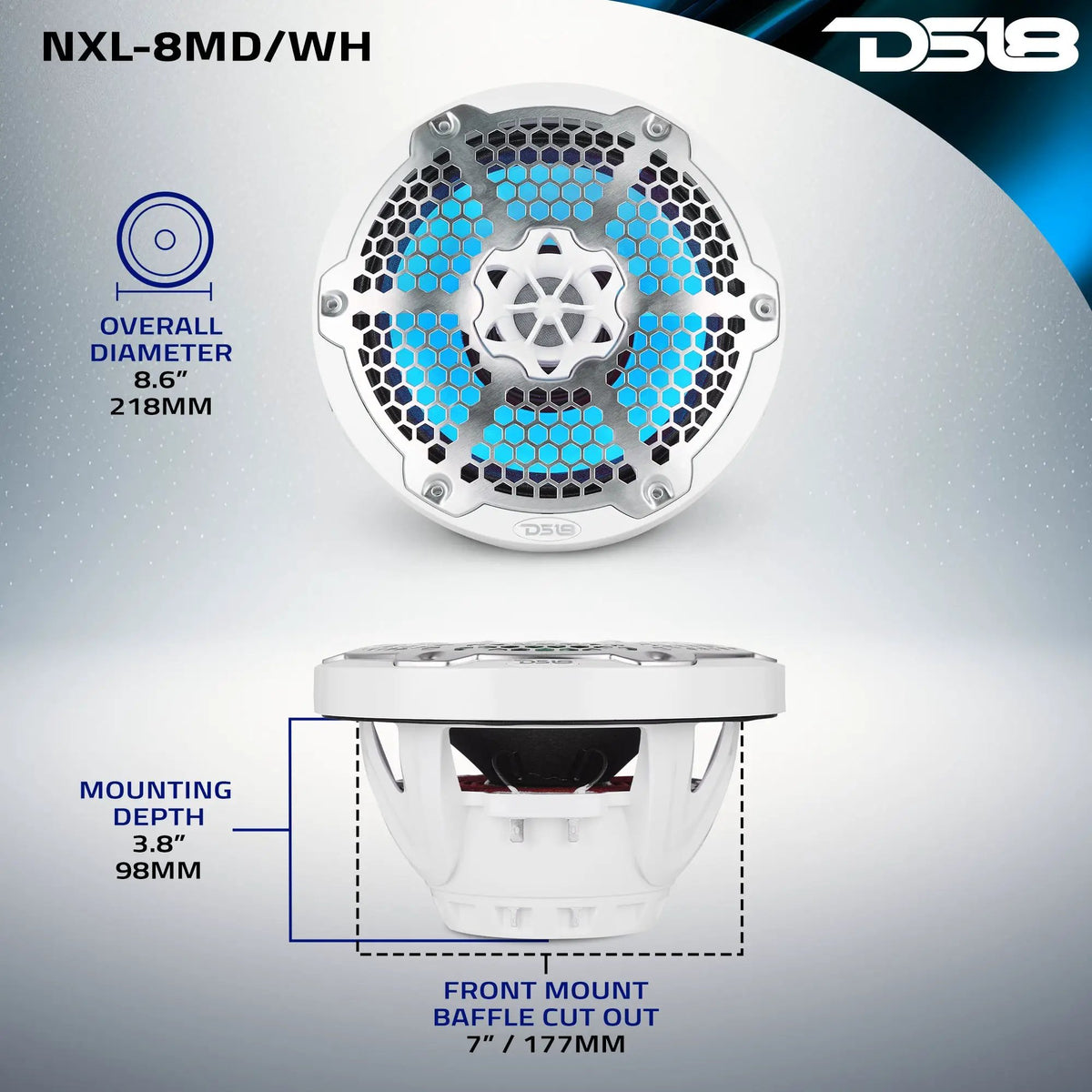 DS18 NXL-8MD/WH mounting diagram showing 218 mm overall diameter, 177 mm cutout and 98 mm mounting depth