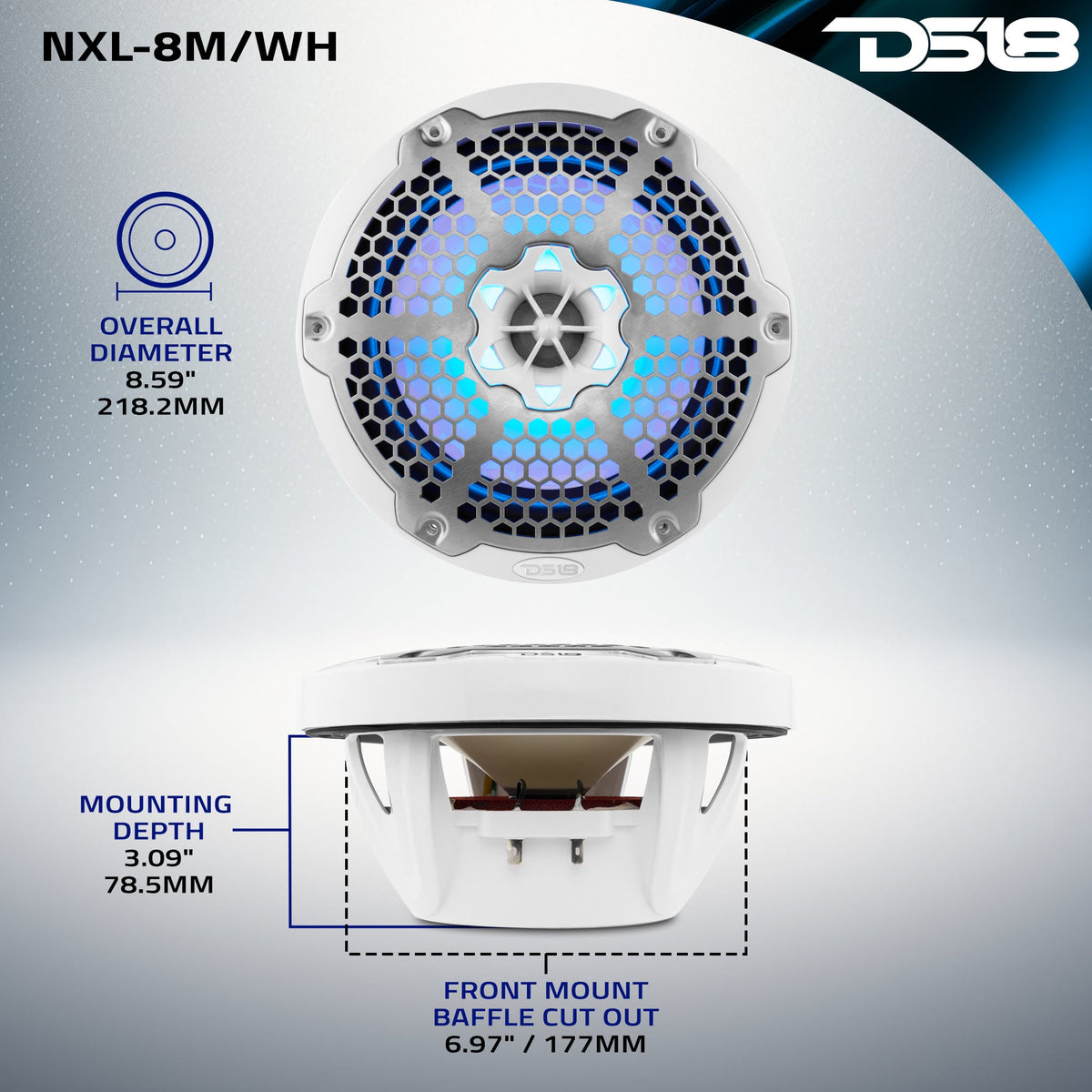 DS18 NXL-8M/WH dimension graphic showing 8.59-inch overall diameter, 6.97-inch baffle cutout and 3.09-inch mounting depth.