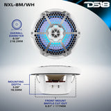 DS18 NXL-8M/WH dimension graphic showing 8.59-inch overall diameter, 6.97-inch baffle cutout and 3.09-inch mounting depth.