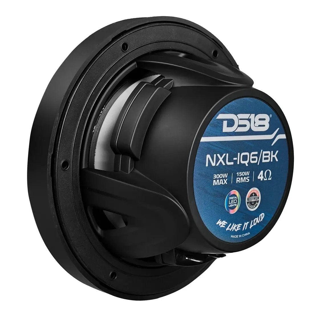 Rear-angle view of a black DS18 NXL-IQ6/BK speaker with labeled magnet housing and open basket