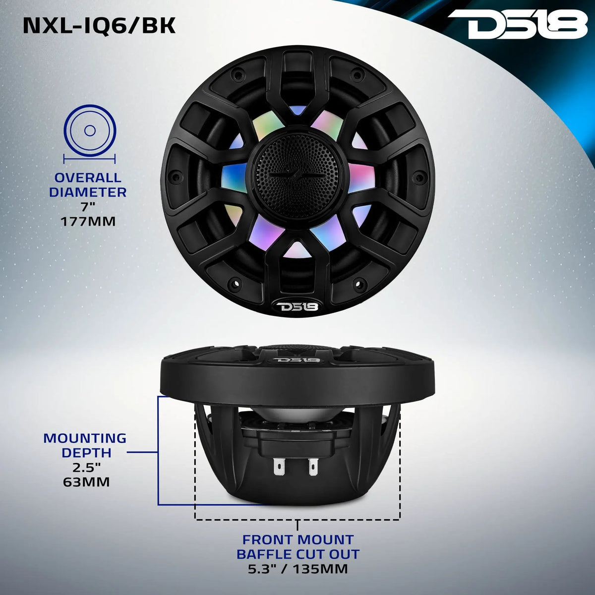 DS18 NXL-IQ6/BK dimension graphic: 177 mm overall diameter, 63 mm mounting depth and 135 mm cutout