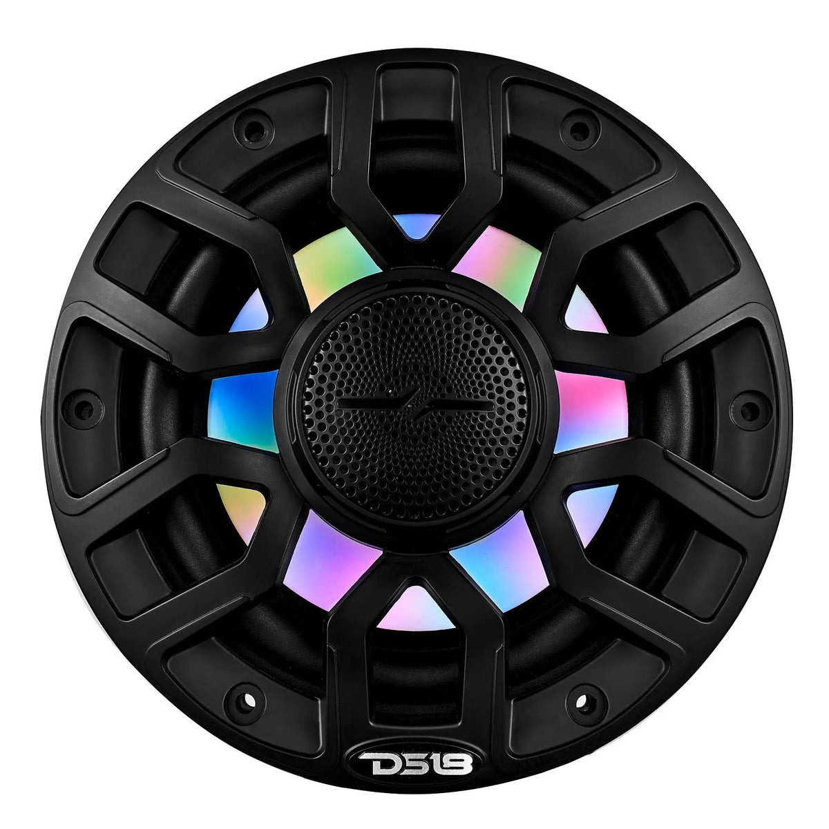 Front view of a black DS18 speaker with multicolor lighting and a perforated central tweeter grille