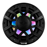 Front view of a black DS18 speaker with multicolor lighting and a perforated central tweeter grille