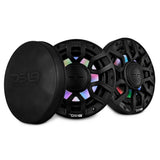Two black DS18 speakers with multicolor lighting beside a round protective cover