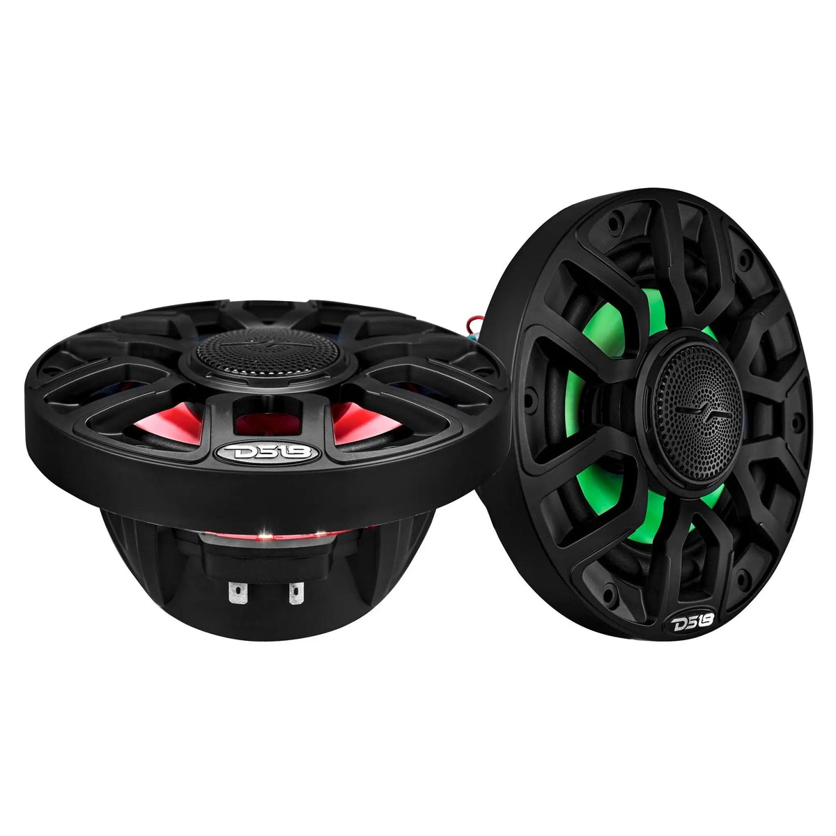 Two black DS18 speakers shown upright and at a low angle with green and red lighting