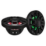 Two black DS18 speakers shown upright and at a low angle with green and red lighting