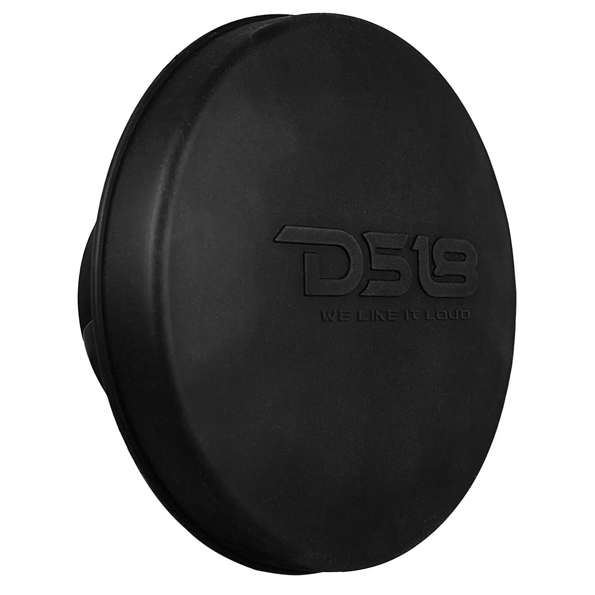 Black DS18 speaker with its round protective front cover fitted