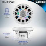 DS18 NXL-IQ6/WH mounting diagram: 7-inch overall diameter, 5.3-inch cutout and 2.5-inch mounting depth