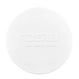 Round white DS18 protective speaker cover with an embossed logo