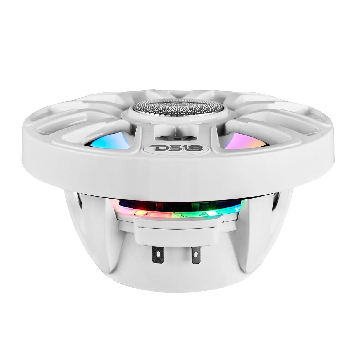 Side view of a white DS18 marine speaker showing its spoke grille, multicolor lighting ring and rear basket