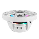 Side view of a white DS18 marine speaker showing its spoke grille, multicolor lighting ring and rear basket