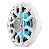 Angled view of a white DS18 marine speaker with blue illumination behind the grille