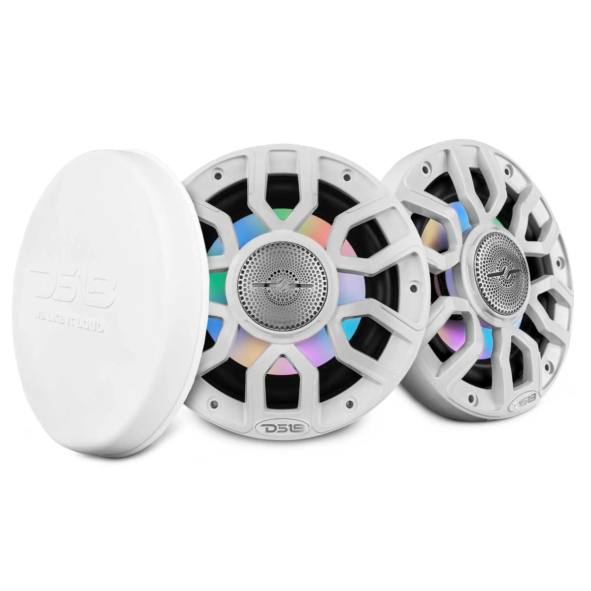 Pair of white DS18 speakers with multicolored illumination and a protective cover