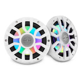 Two white DS18 coaxial speakers with multi-spoke grilles and multicolored illumination