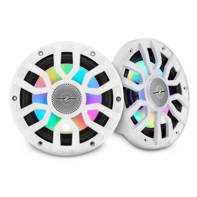 Two white DS18 coaxial speakers with multi-spoke grilles and multicolored illumination