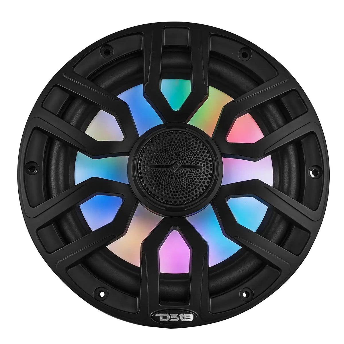 Front view of a black DS18 speaker with multicolor lighting behind the radial grille