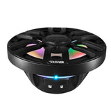 Low-angle view of a black DS18 marine speaker showing multicolor lighting, basket and terminals
