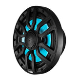 Black DS18 speaker with blue illumination, angled front view
