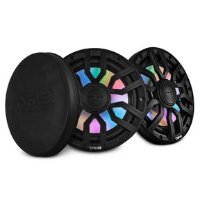 Two black DS18 speakers with multicolored illuminated grilles and a black protective cover