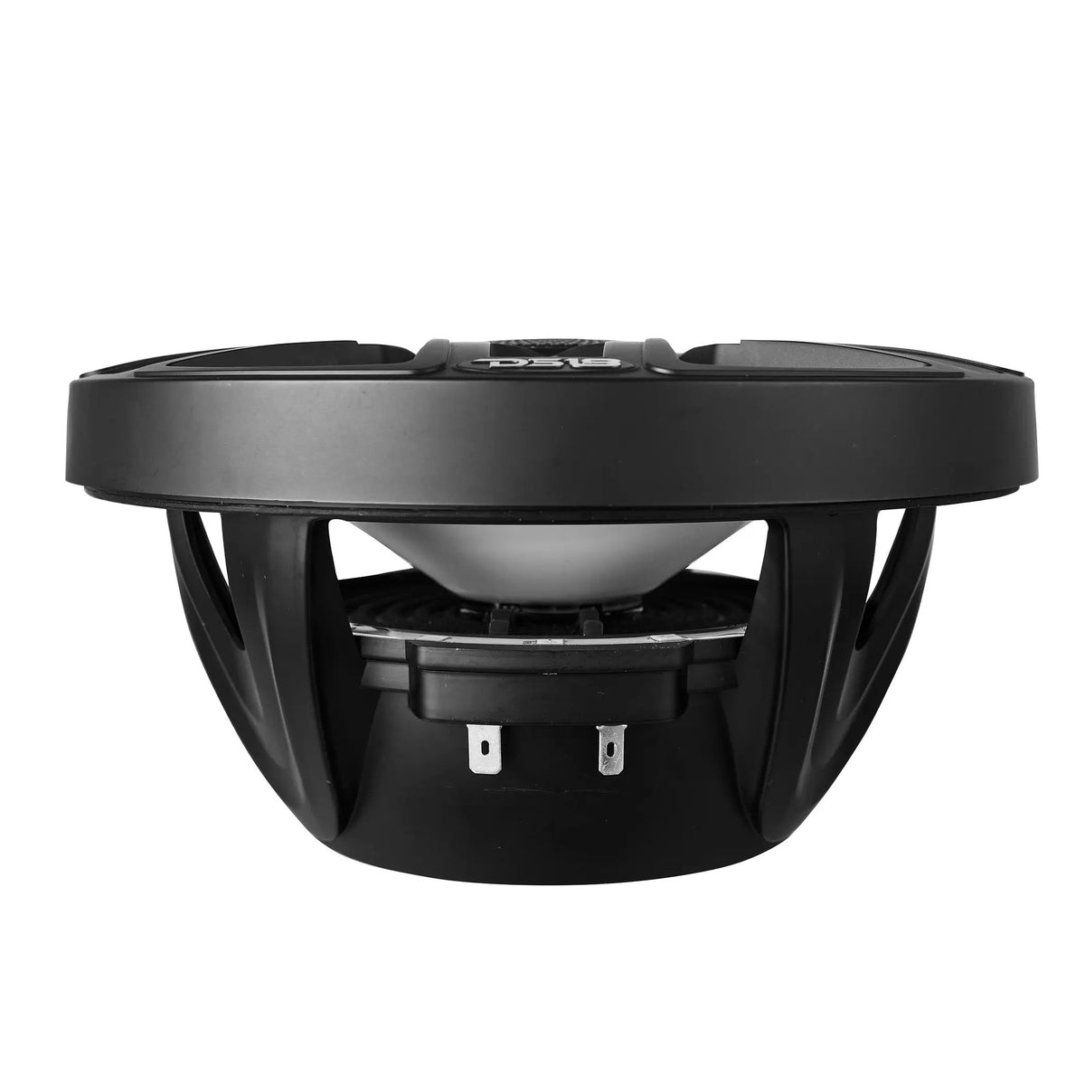 Black speaker with an open basket and terminals, side view