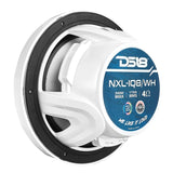 Rear angled view of a white DS18 NXL-IQ8/WH speaker showing its 175W RMS, 4-ohm label
