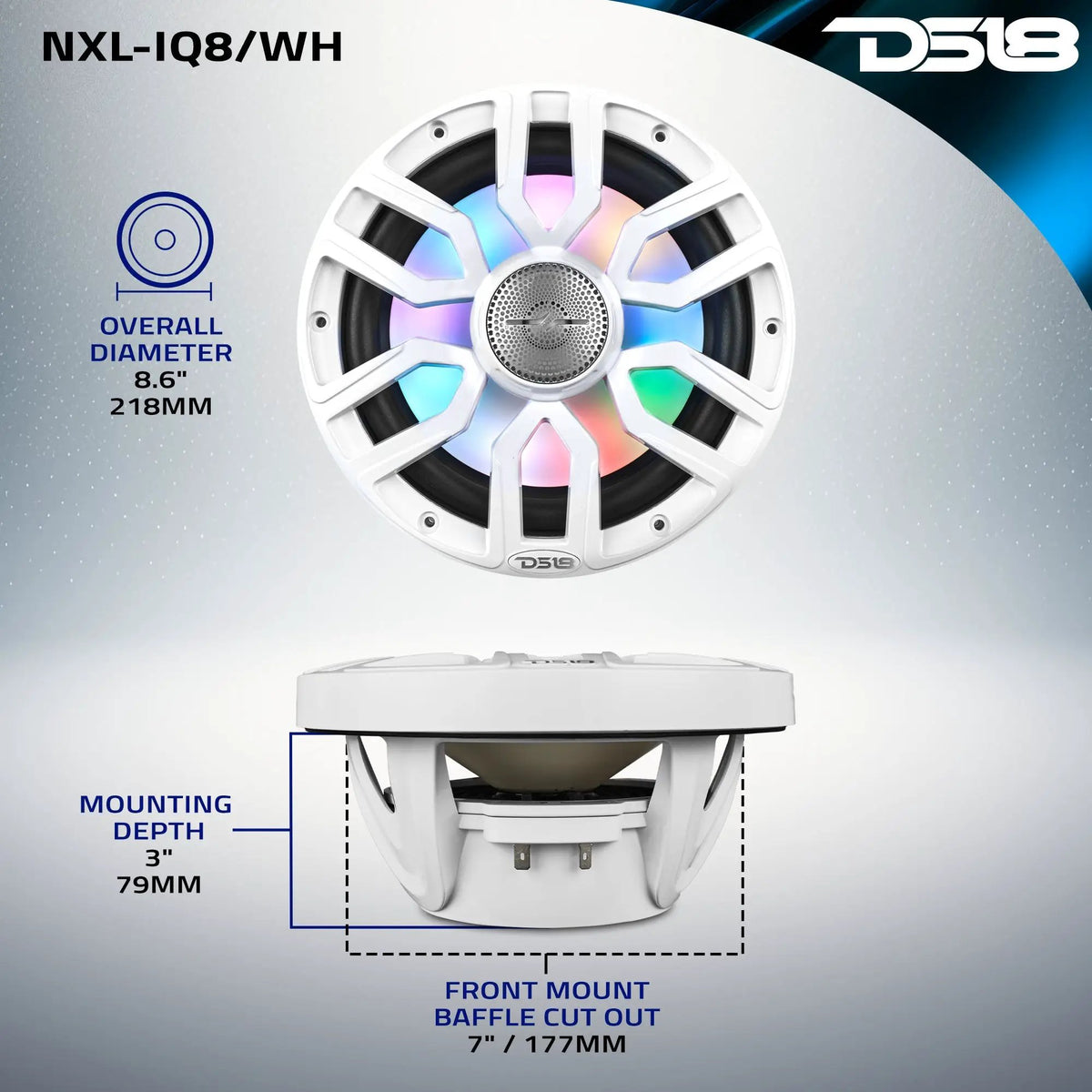 DS18 NXL-IQ8/WH fit drawing showing a 177 mm mounting cutout, 79 mm depth and 218 mm overall diameter