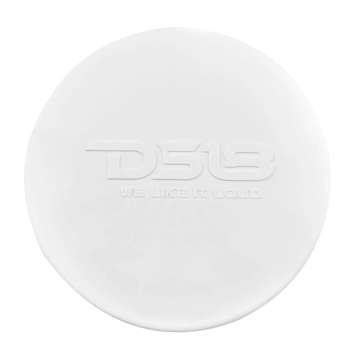 Round white DS18 protective speaker cover with an embossed logo