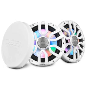 Two white DS18 speakers with multicolored illuminated grilles and a white protective cover
