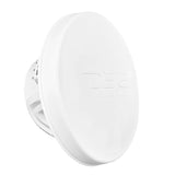 Angled view of a white DS18 speaker with its protective front cover fitted