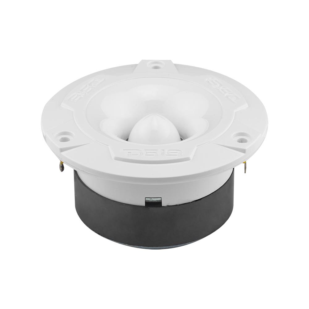 Low front view of a white DS18 tweeter showing its horn opening and black magnet