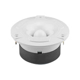 Low front view of a white DS18 tweeter showing its horn opening and black magnet