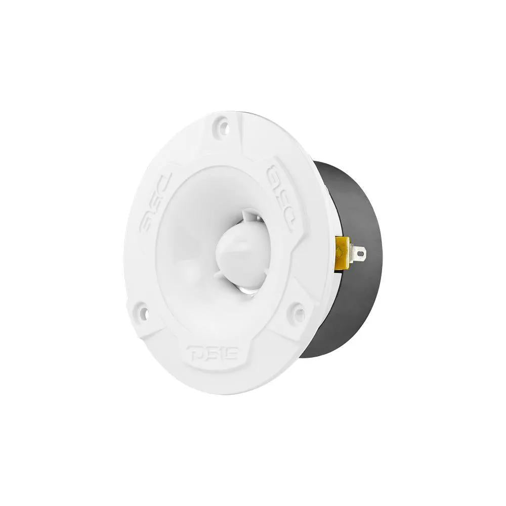 Angled front view of a white DS18 tweeter with its black magnet and a yellow terminal visible