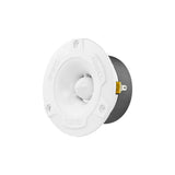 Angled front view of a white DS18 tweeter with its black magnet and a yellow terminal visible