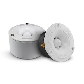 Two white DS18 tweeters shown from angled front and side views