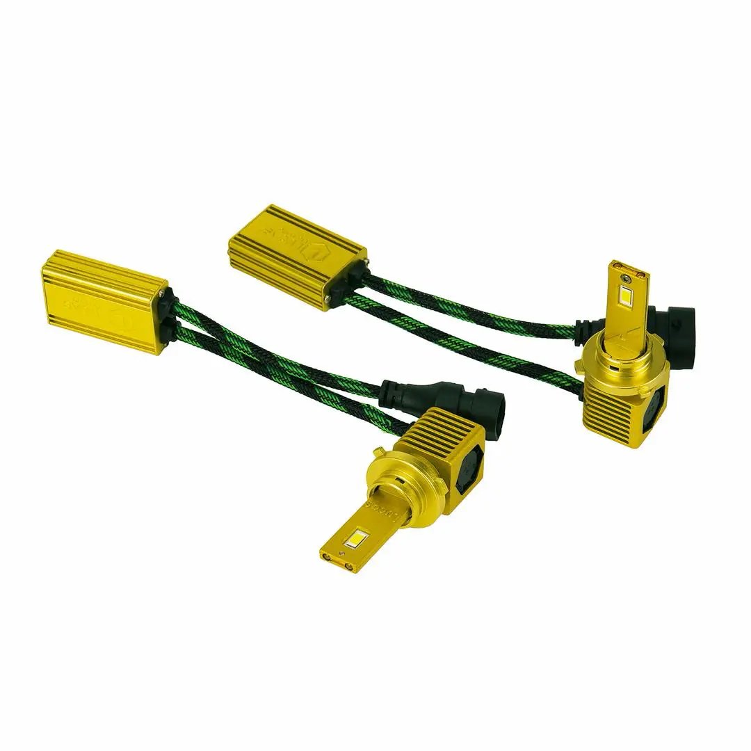 Two gold-colored LED bulbs with square finned bases and black connectors beside rectangular inline modules