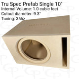 TRU SPEC single 10-inch enclosure graphic: 1.0 cubic foot, 9.3-inch cutout and 35 Hz tuning