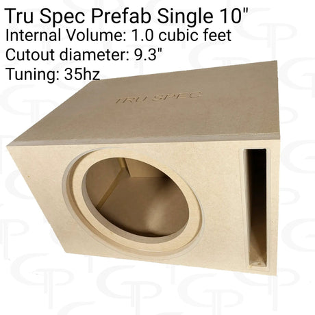 TRU SPEC single 10-inch enclosure graphic: 1.0 cubic foot, 9.3-inch cutout and 35 Hz tuning