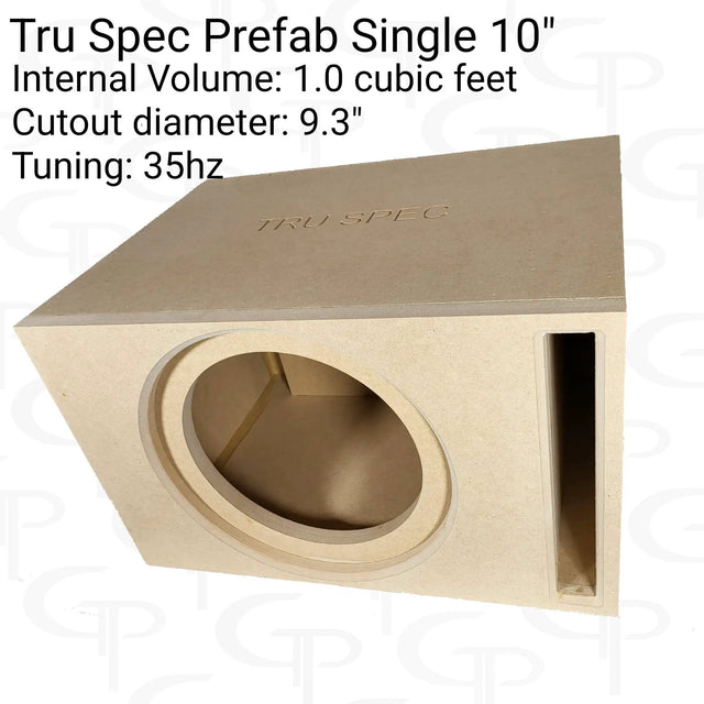 TRU SPEC single 10-inch enclosure graphic: 1.0 cubic foot, 9.3-inch cutout and 35 Hz tuning