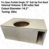 Angled TRU SPEC single-15-inch enclosure graphic showing the top cutout, rear port and printed specifications