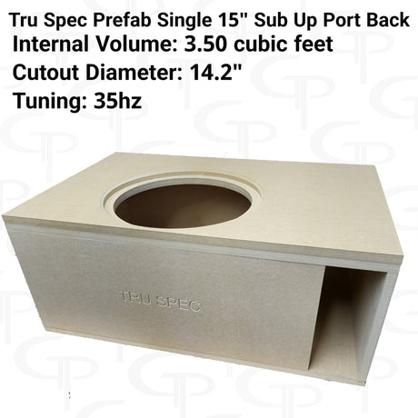 Angled TRU SPEC single-15-inch enclosure graphic showing the top cutout, rear port and printed specifications